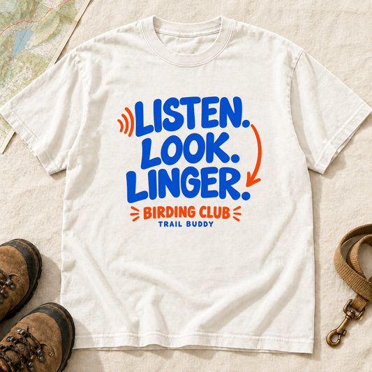 Listen Look Linger Birding Club T-Shirt – White front view
