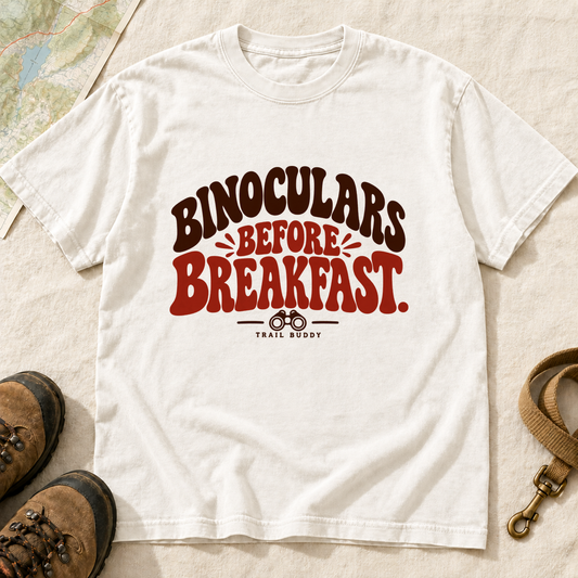 Binoculars Before Breakfast Birding T-Shirt – White front view