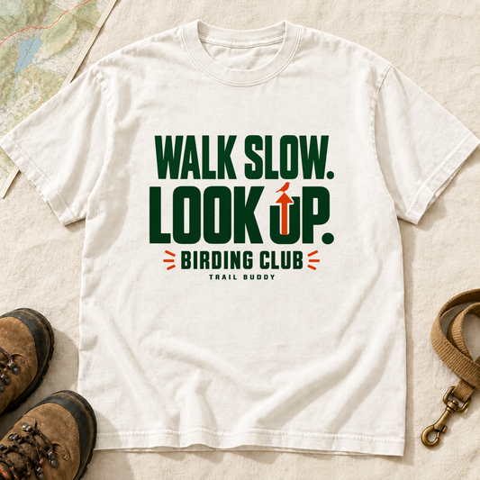 Walk Slow Look Up Birding Club T-Shirt – White front view