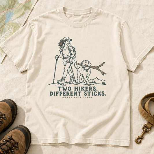 Two Hikers Different Sticks Girl and Dog T-Shirt