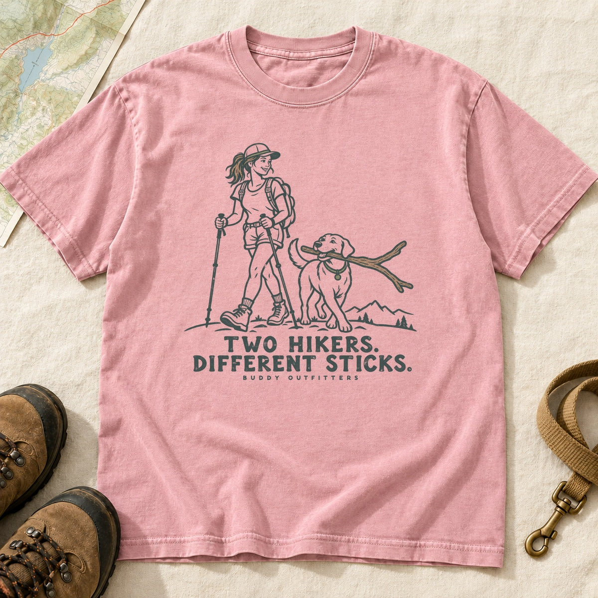 Two Hikers Different Sticks Girl and Dog T-Shirt