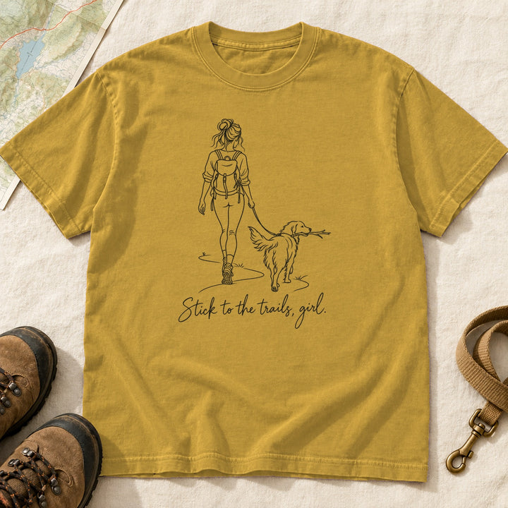 Stick to the Trails Girl and Dog Walking T-Shirt | Buddy Outfitters