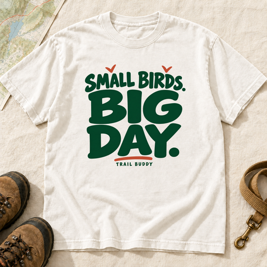 Small Birds Big Day Birding T-Shirt – White front view