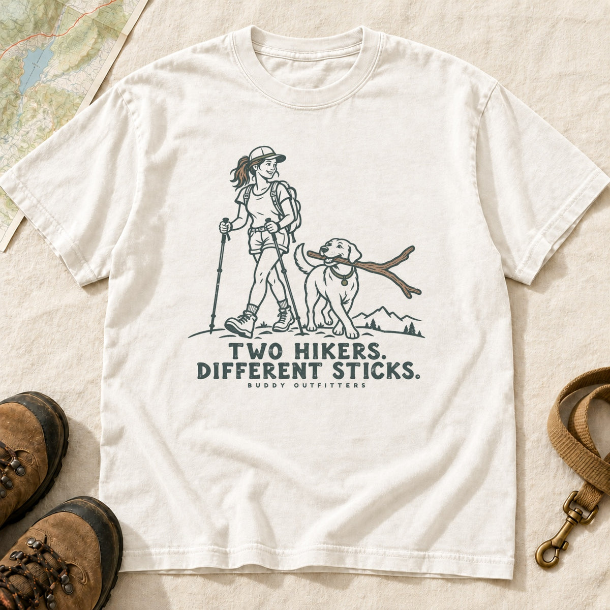 Two Hikers Different Sticks Girl and Dog T-Shirt