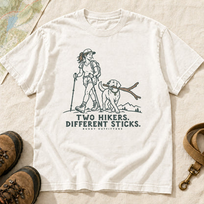 Two Hikers Different Sticks Girl and Dog T-Shirt