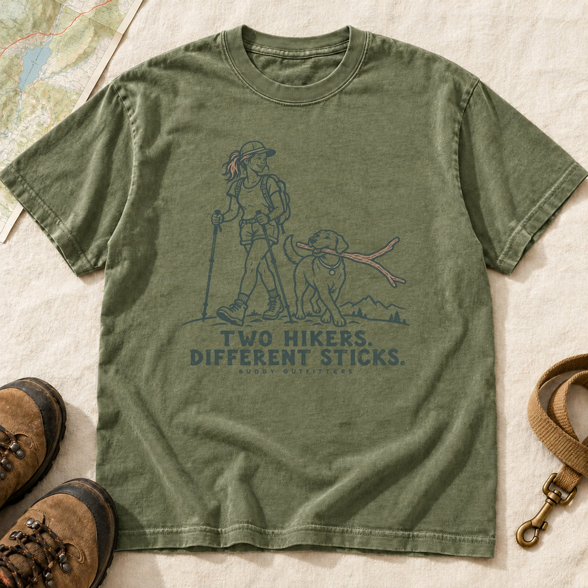 Two Hikers Different Sticks Girl and Dog T-Shirt