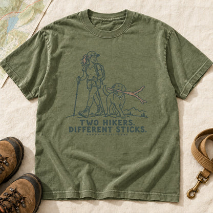 Two Hikers Different Sticks Girl and Dog T-Shirt