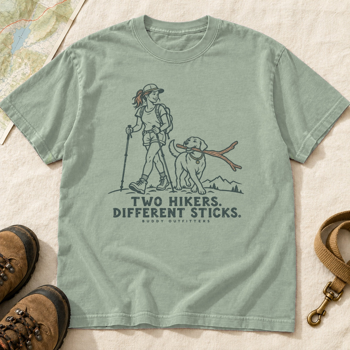 Two Hikers Different Sticks Girl and Dog T-Shirt