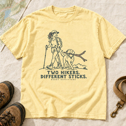 Two Hikers Different Sticks Girl and Dog T-Shirt