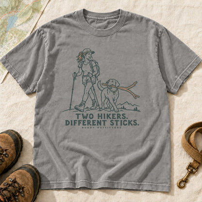 Two Hikers Different Sticks Girl and Dog T-Shirt
