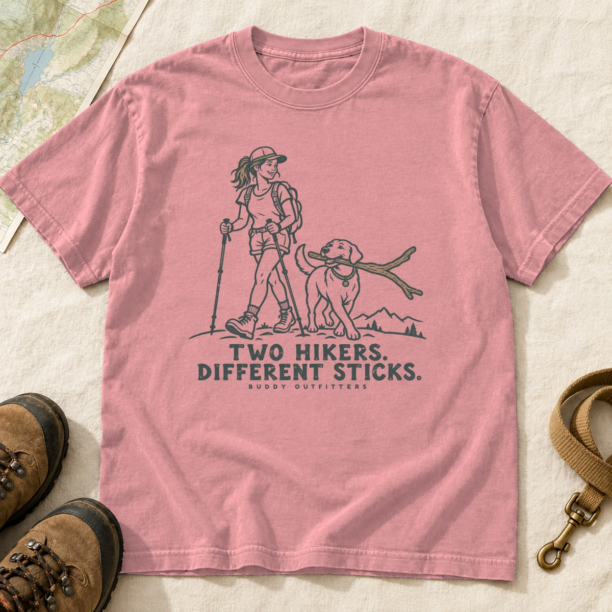 Two Hikers Different Sticks Girl and Dog T-Shirt