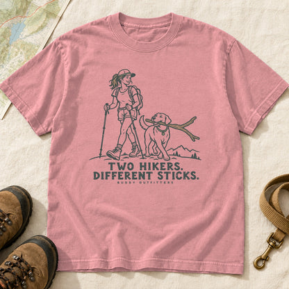 Two Hikers Different Sticks Girl and Dog T-Shirt