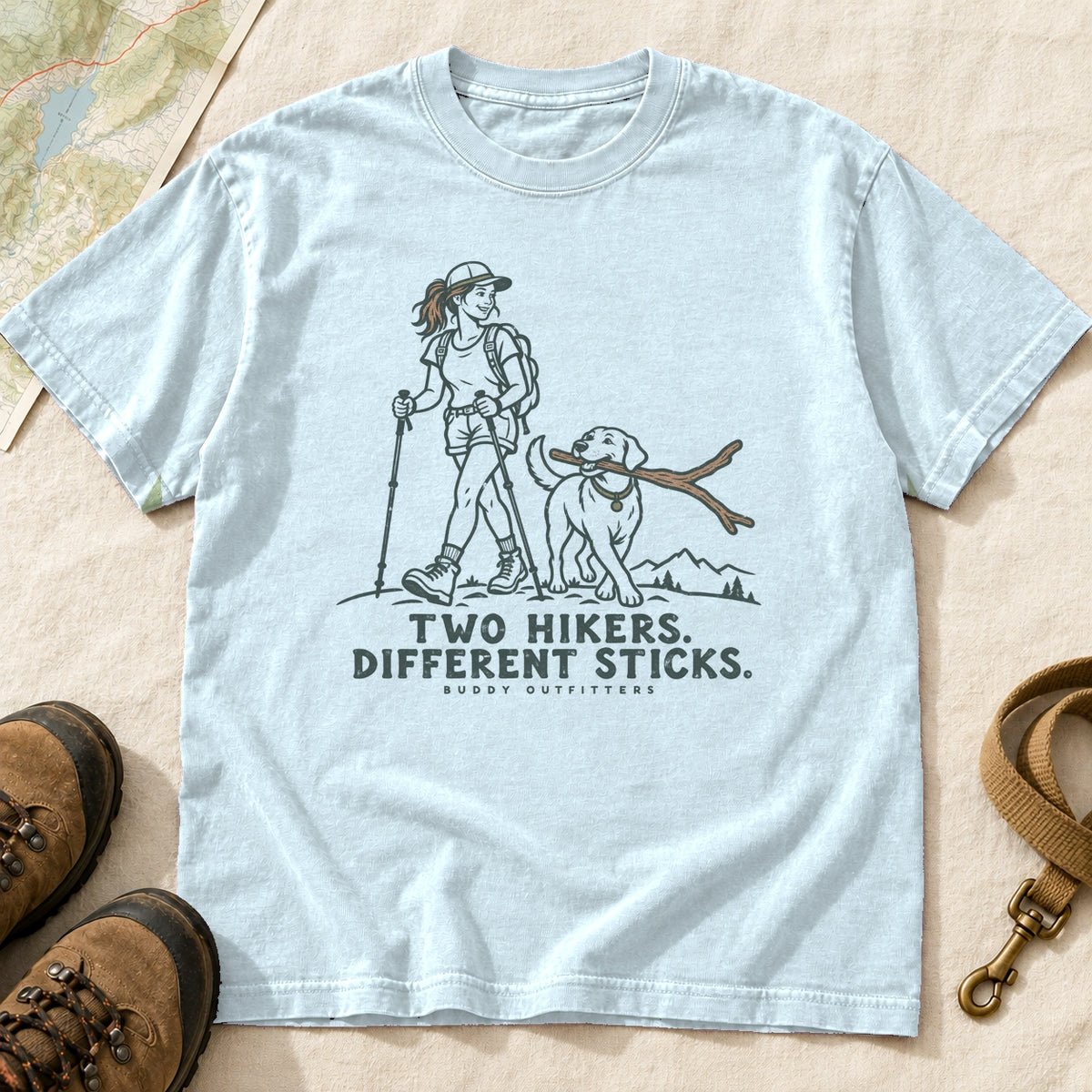 Two Hikers Different Sticks Girl and Dog T-Shirt