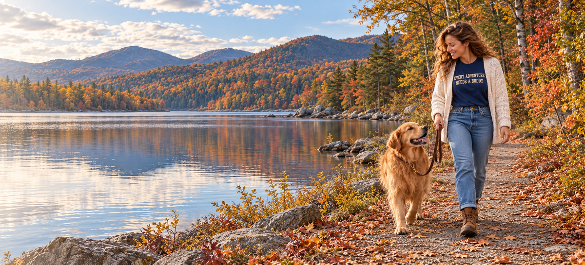 A woman in a navy Buddy Outfitters tee walking her golden retriever along an autumn lakeside trail