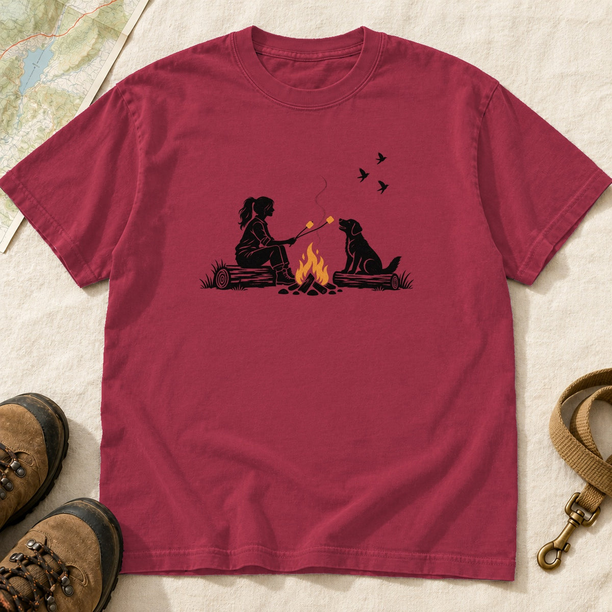 Campfire Companions Girl And Dog – Crimson front mockup