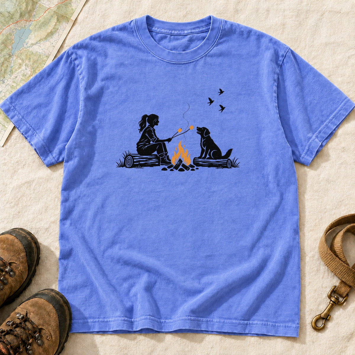 Campfire Companions Girl And Dog – Flo Blue front mockup
