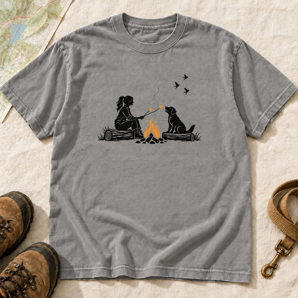Campfire Companions Girl And Dog – Grey front mockup