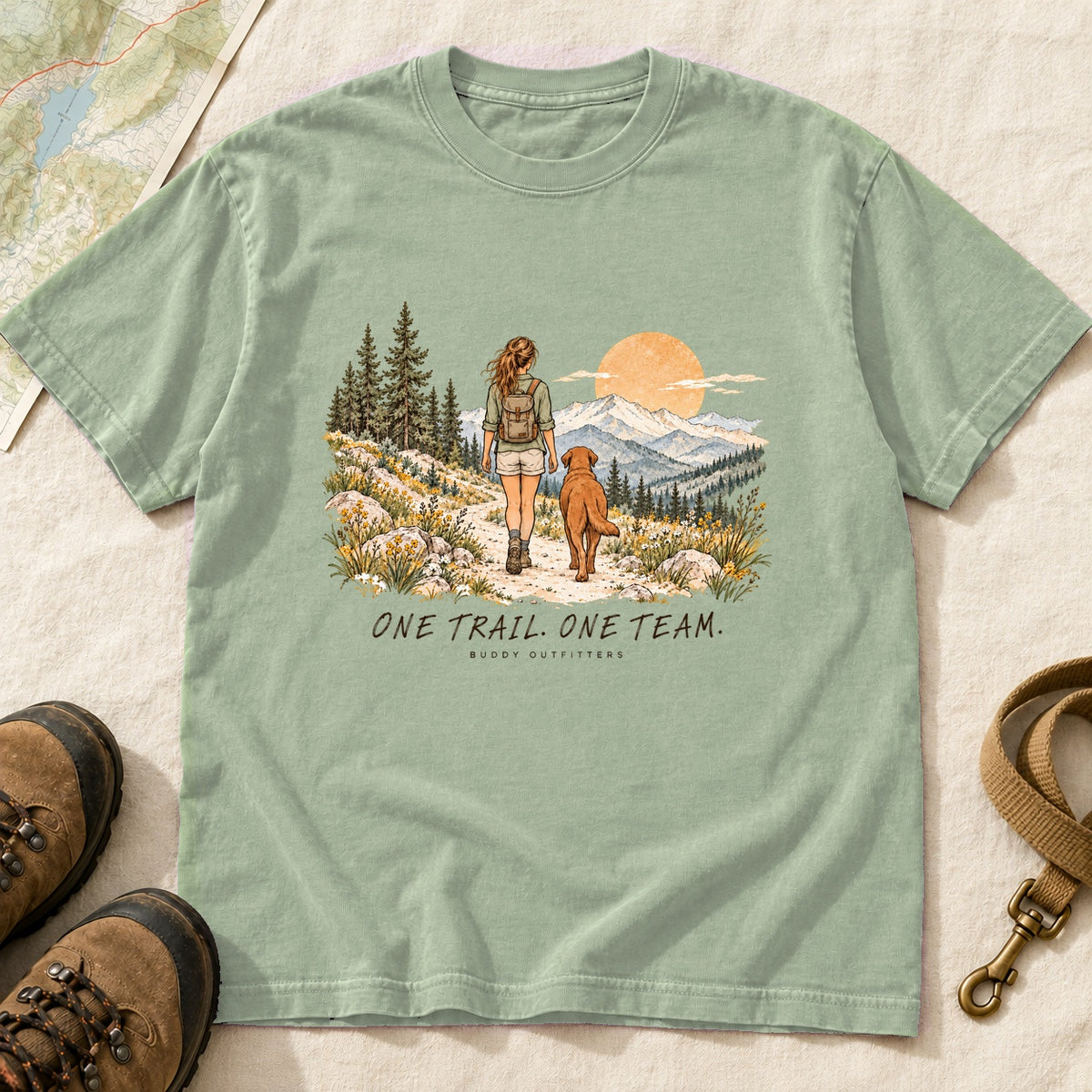 One Trail One Team Girl And Dog Hiking – Bay front mockup