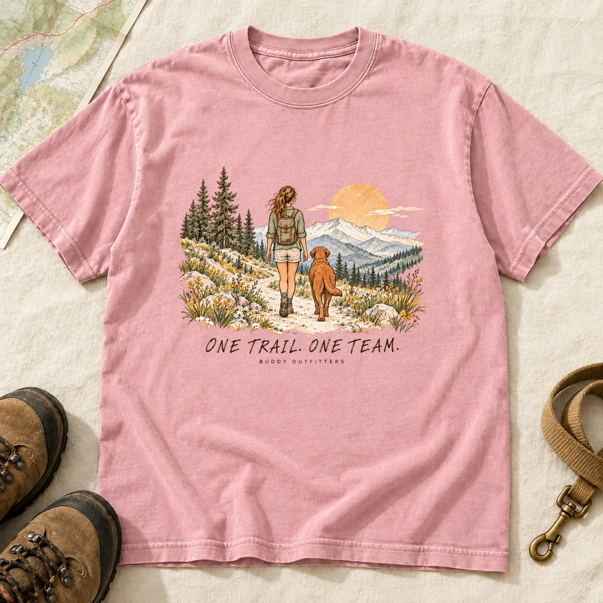 One Trail One Team Girl And Dog Hiking – Blossom front mockup