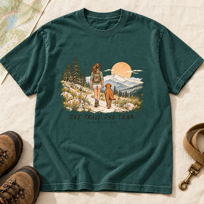 One Trail One Team Girl And Dog Hiking – Blue Spruce front mockup