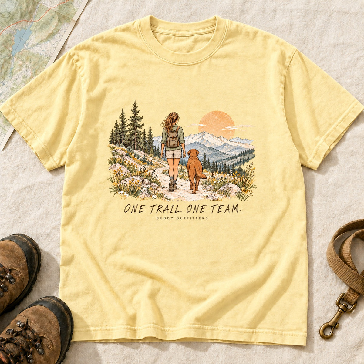 One Trail One Team Girl And Dog Hiking – Butter front mockup