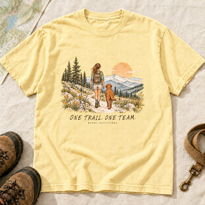 One Trail One Team Girl And Dog Hiking – Butter front mockup