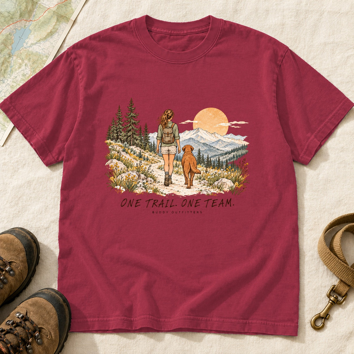 One Trail One Team Girl And Dog Hiking – Crimson front mockup