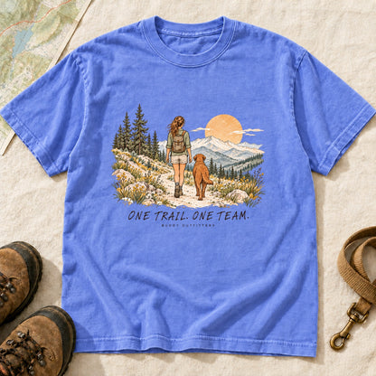 One Trail One Team Girl And Dog Hiking – Flo Blue front mockup