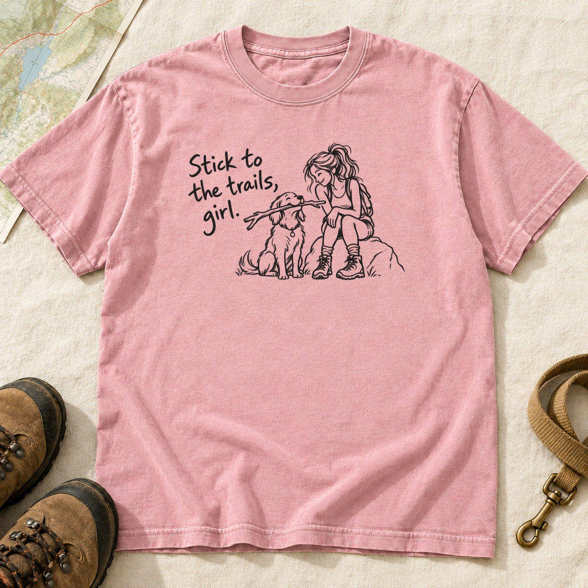 Stick To The Trails Girl And Dog Rest Stop – Blossom front mockup