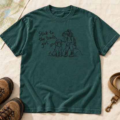 Stick To The Trails Girl And Dog Rest Stop – Blue Spruce front mockup