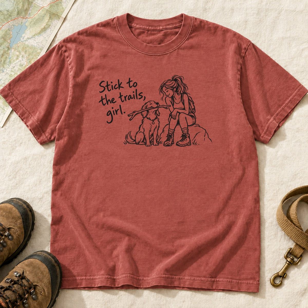 Stick To The Trails Girl And Dog Rest Stop – Brick front mockup
