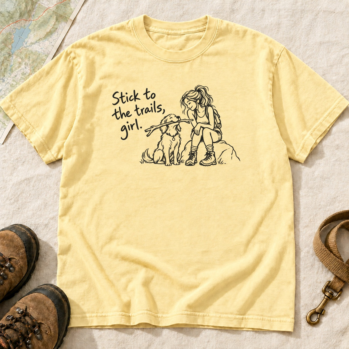 Stick To The Trails Girl And Dog Rest Stop – Butter front mockup