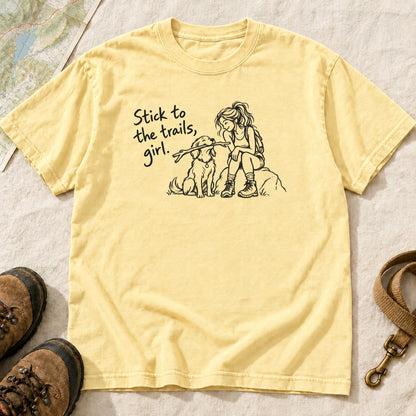 Stick To The Trails Girl And Dog Rest Stop – Butter front mockup