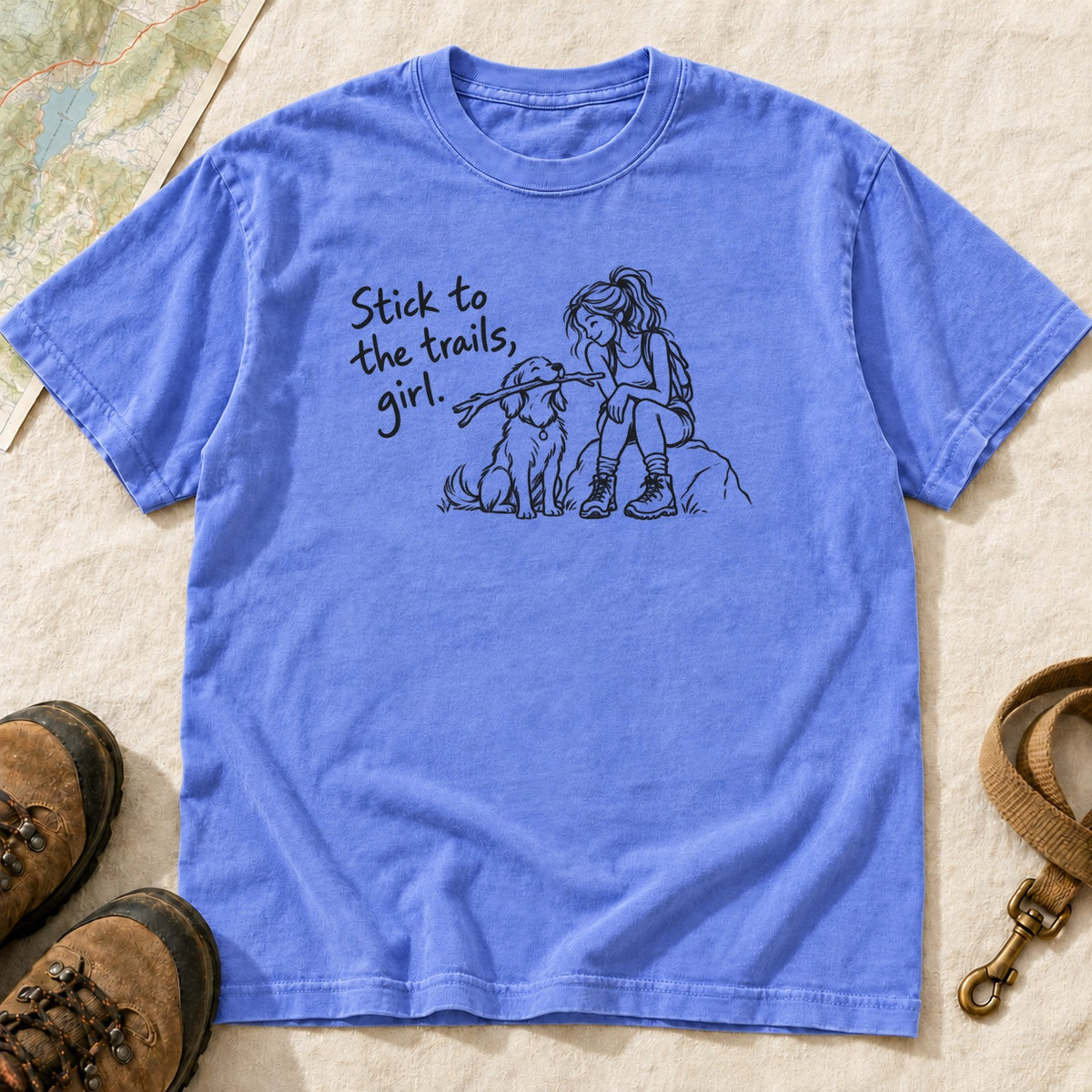 Stick To The Trails Girl And Dog Rest Stop – Flo Blue front mockup