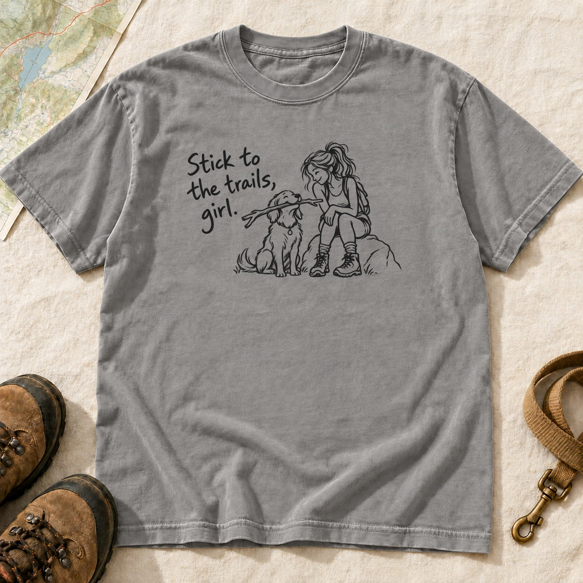 Stick To The Trails Girl And Dog Rest Stop – Grey front mockup