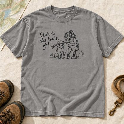 Stick To The Trails Girl And Dog Rest Stop – Grey front mockup