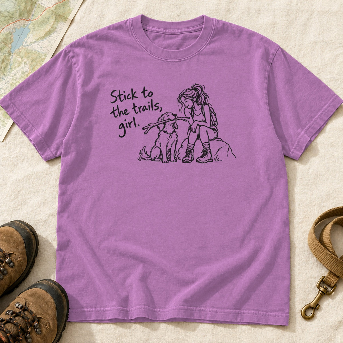 Stick To The Trails Girl And Dog Rest Stop – Orchid front mockup