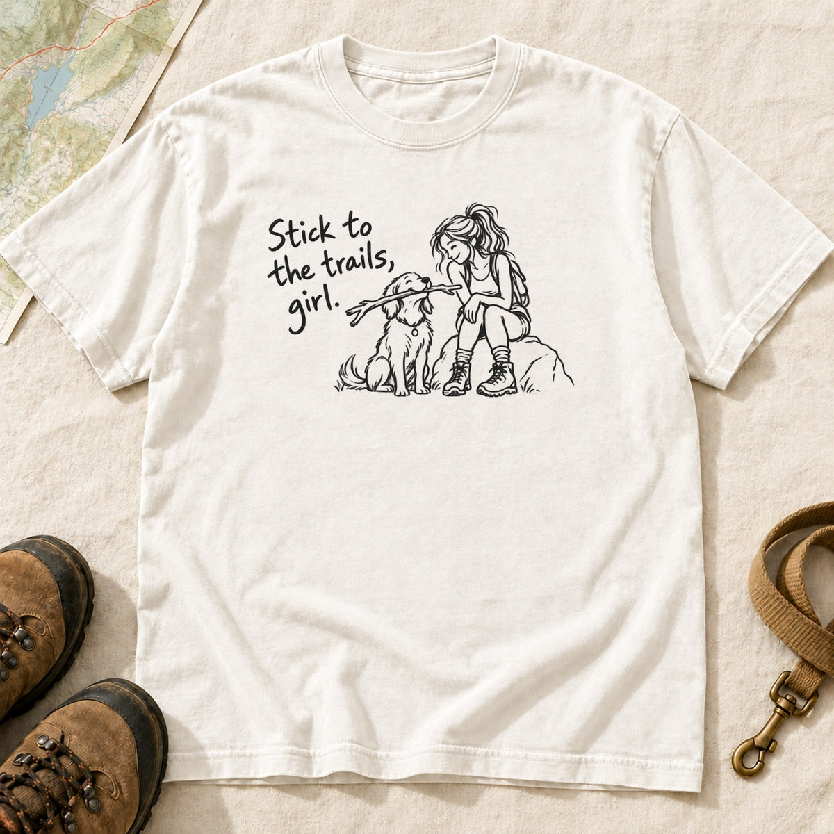 Stick To The Trails Girl And Dog Rest Stop – White front mockup