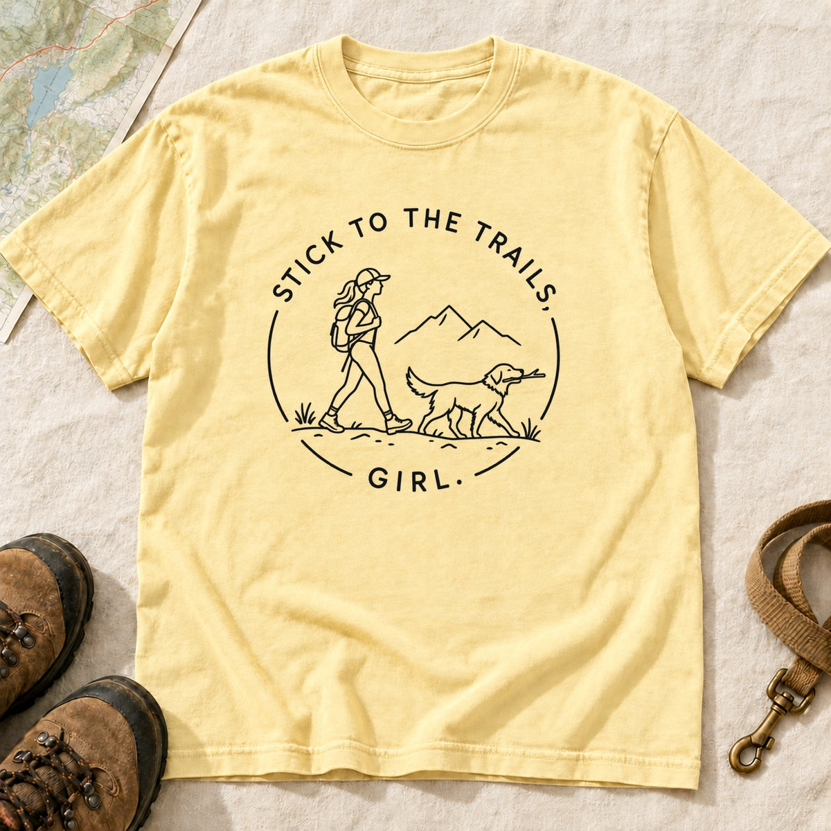Stick To The Trails Girl Hiking Badge – Butter front mockup