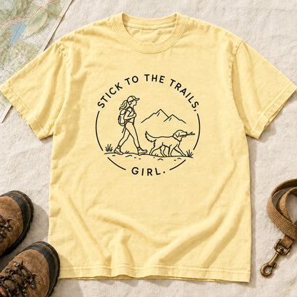 Stick To The Trails Girl Hiking Badge – Butter front mockup