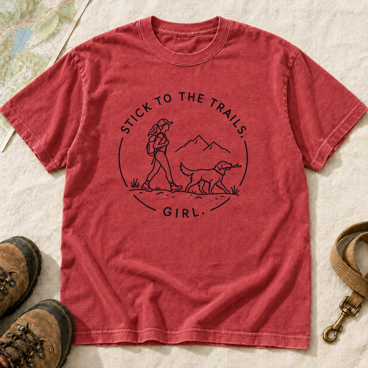 Stick To The Trails Girl Hiking Badge – Red front mockup