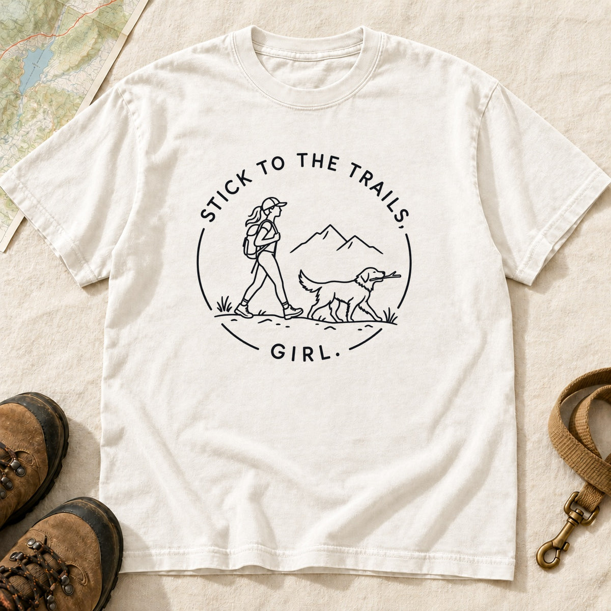 Stick To The Trails Girl Hiking Badge – White front mockup