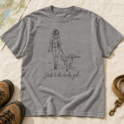 Stick To The Trails Girl And Dog Walking – Grey front mockup