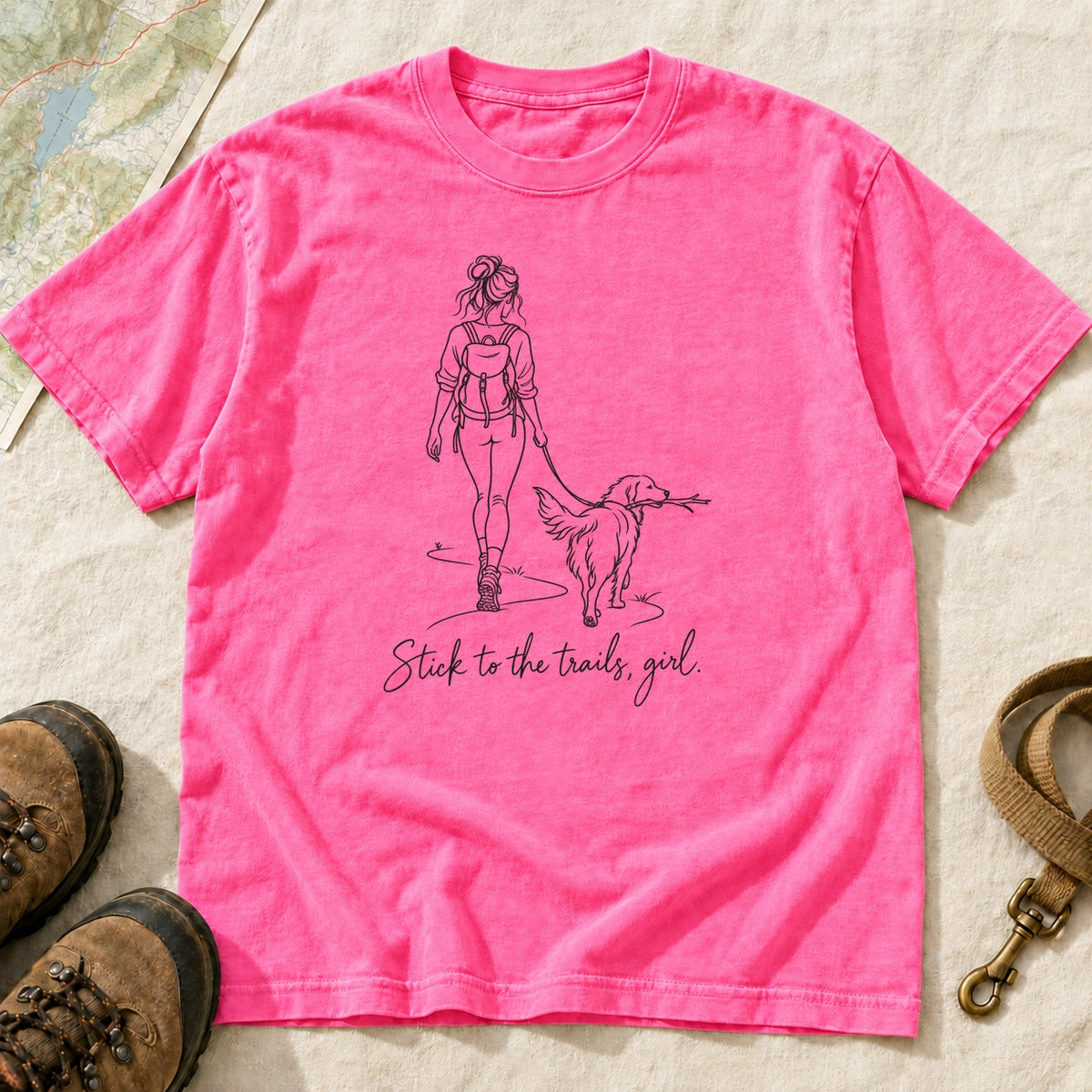 Stick To The Trails Girl And Dog Walking – Neon Pink front mockup