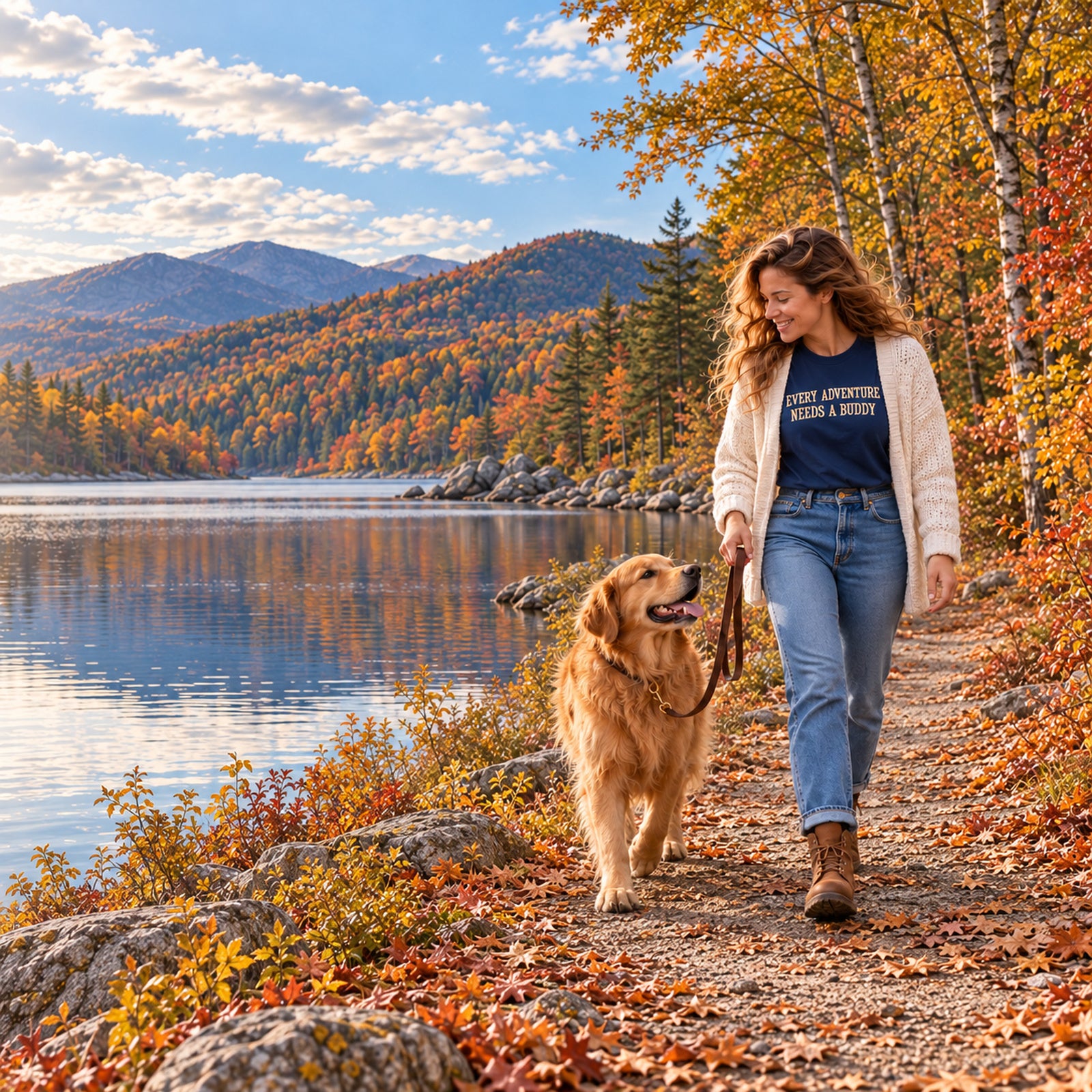 A woman in a navy Buddy Outfitters tee walking her golden retriever along an autumn lakeside trail